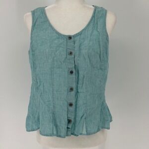 J Jill Sleeveless Peplum Linen Blend V-Neck Button Front Top Teal Size M